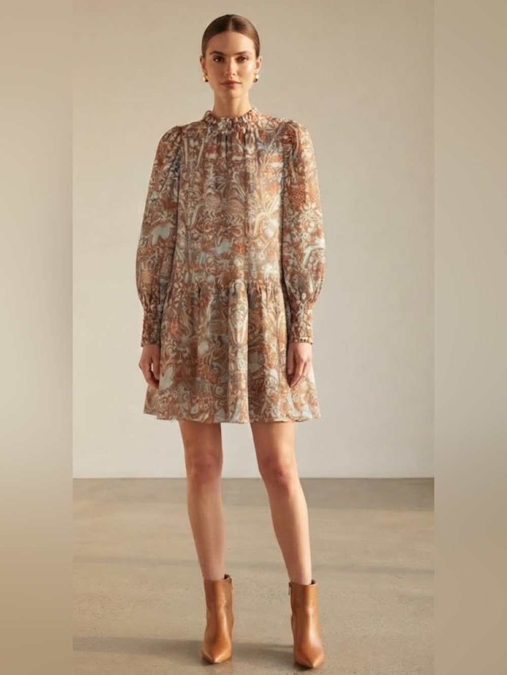 Ulla Johnson Size 4 Paisley Metallic Mini Dress Long Sleeve Smocked Cuffs Boho